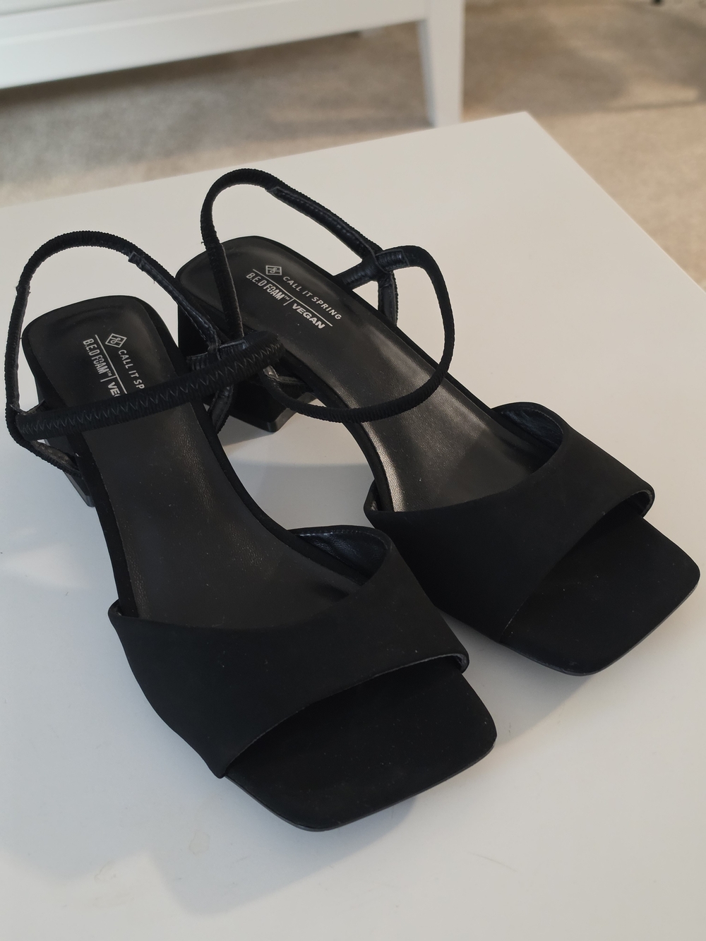 Call It Spring Black Square-Toe Slingback Vegan Heeled Sandals